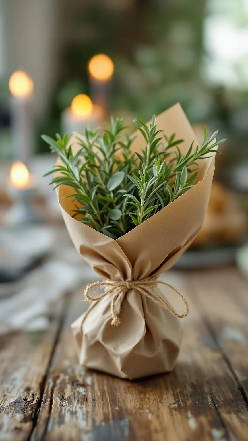 Herb Bouquet Favors Wrapped in Brown Kraft Paper