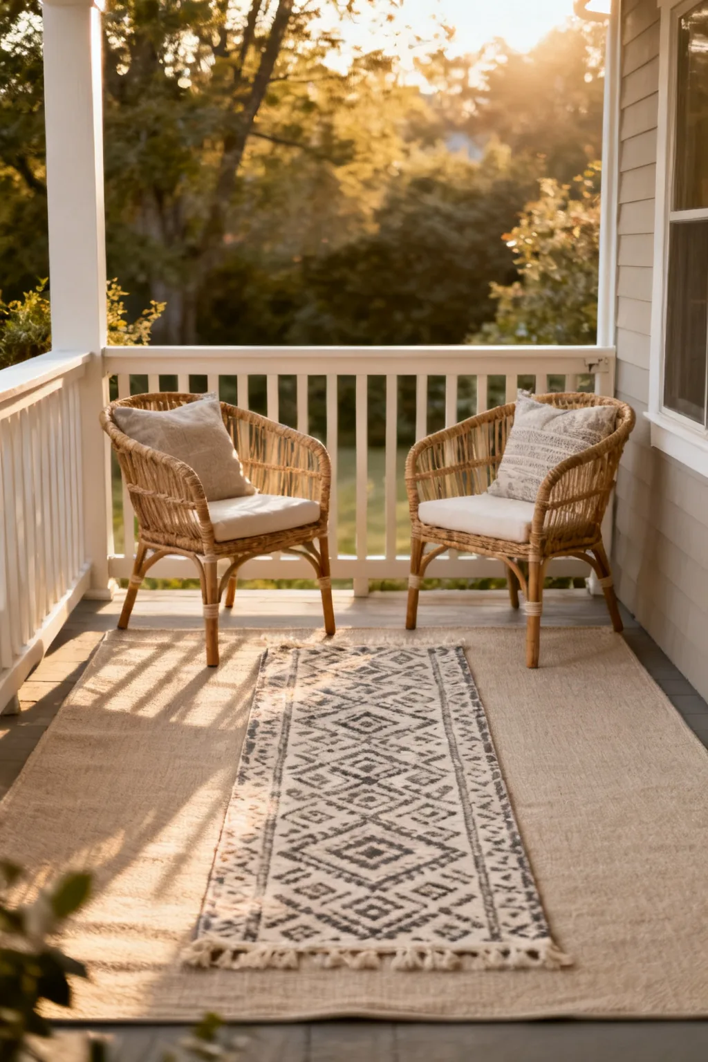 Layered outdoor rugs on small budget patio