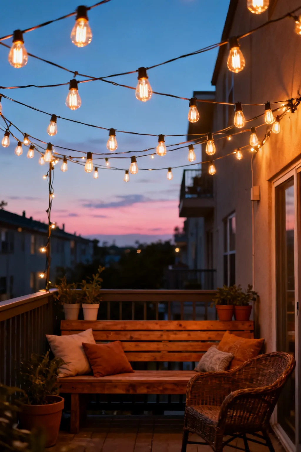 String lights on small patio at twilight