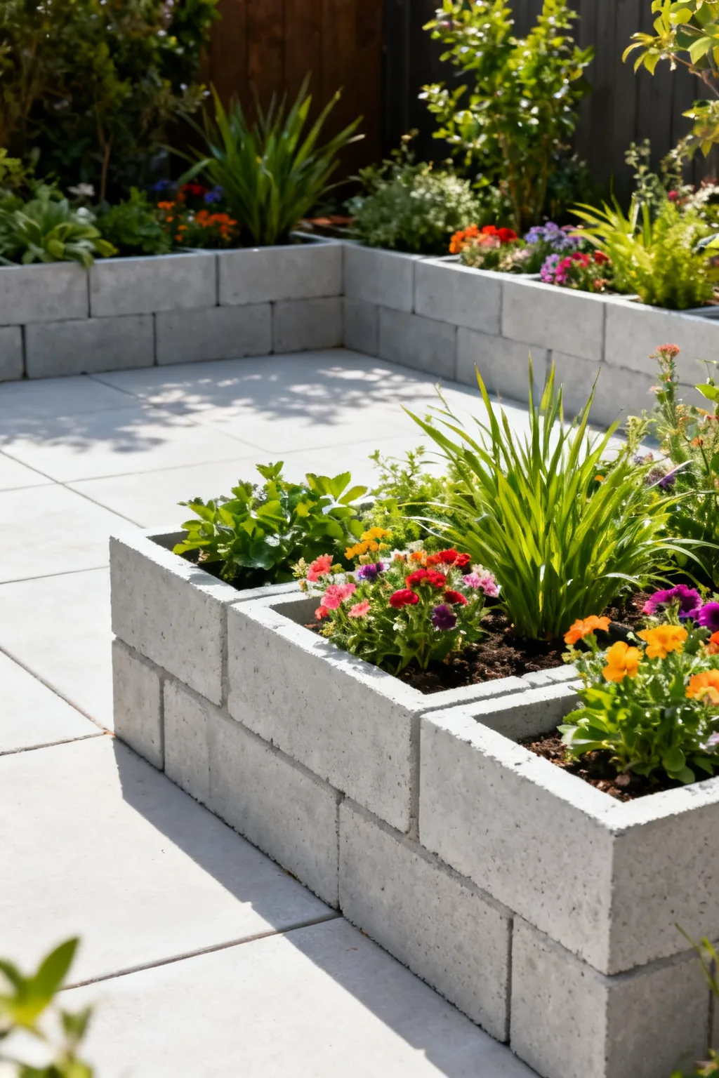 DIY concrete block planters on budget patio