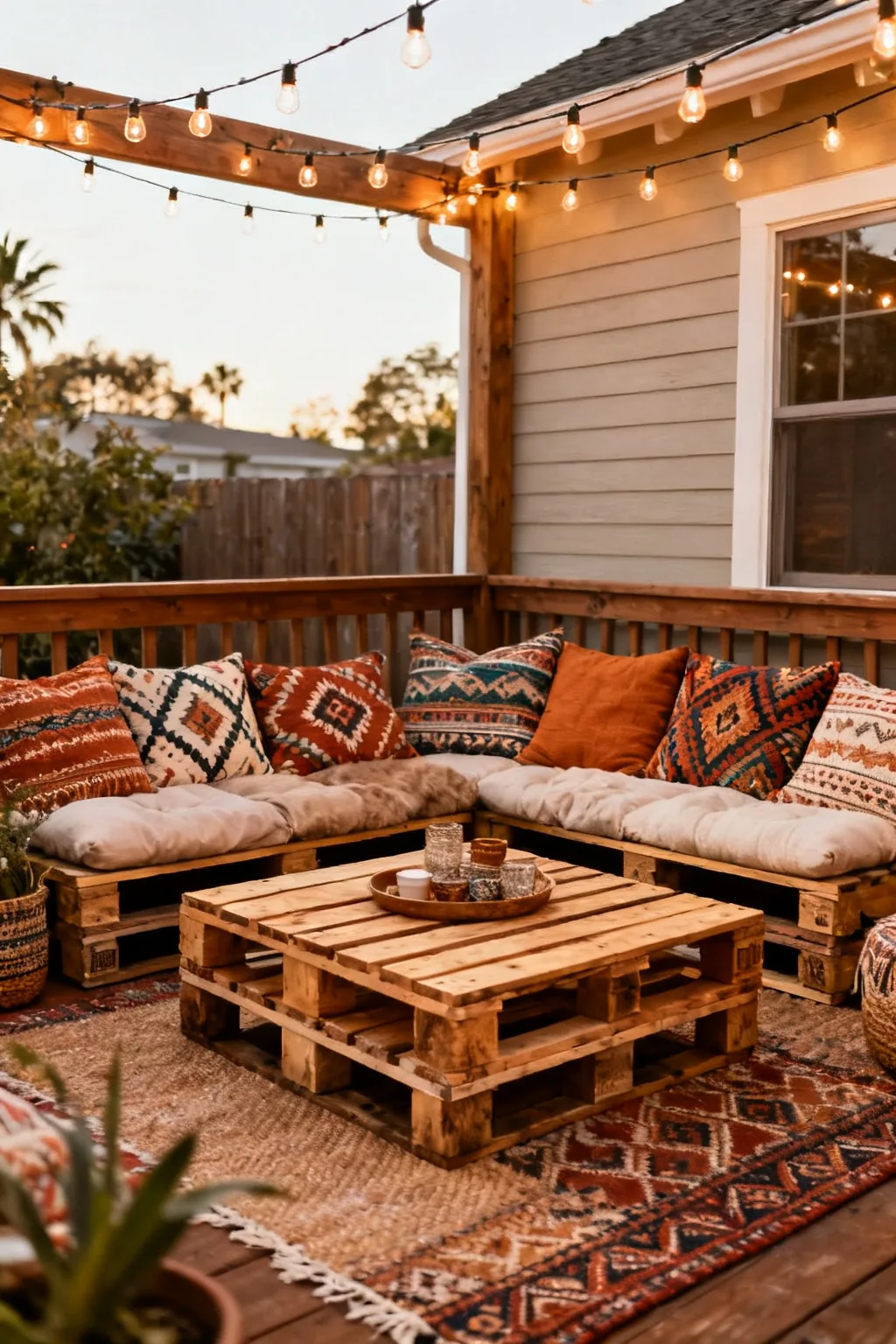 Repurposed pallet seating on small patio