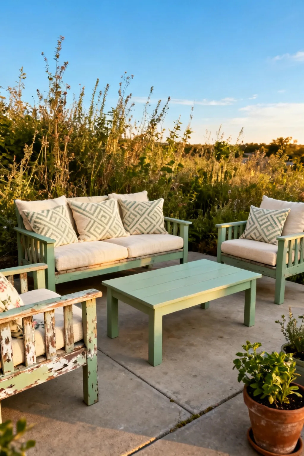 Thrift store furniture refreshed with paint on patio