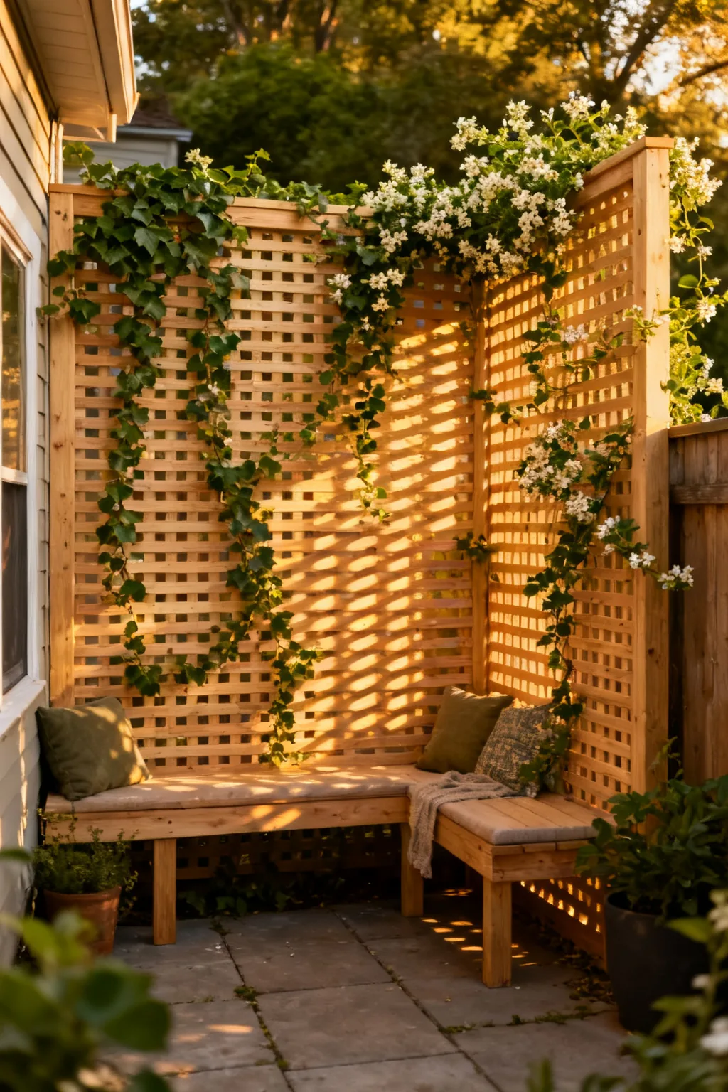 DIY lattice privacy screen with climbing plants