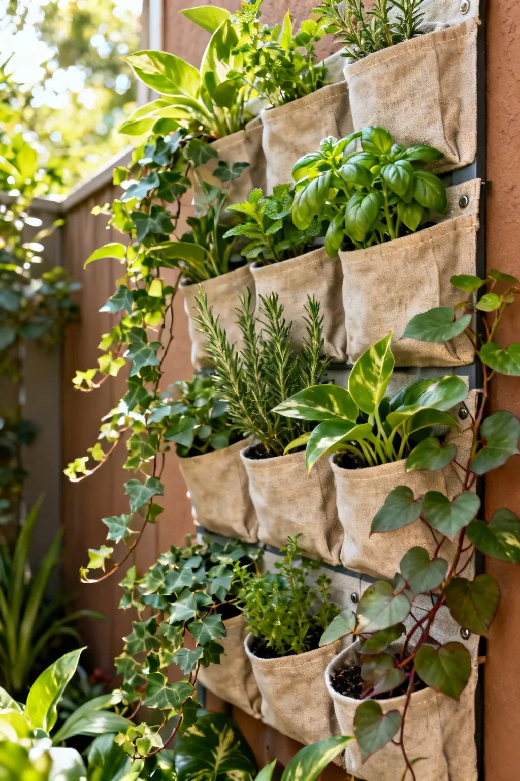 Vertical wall garden on small patio wall