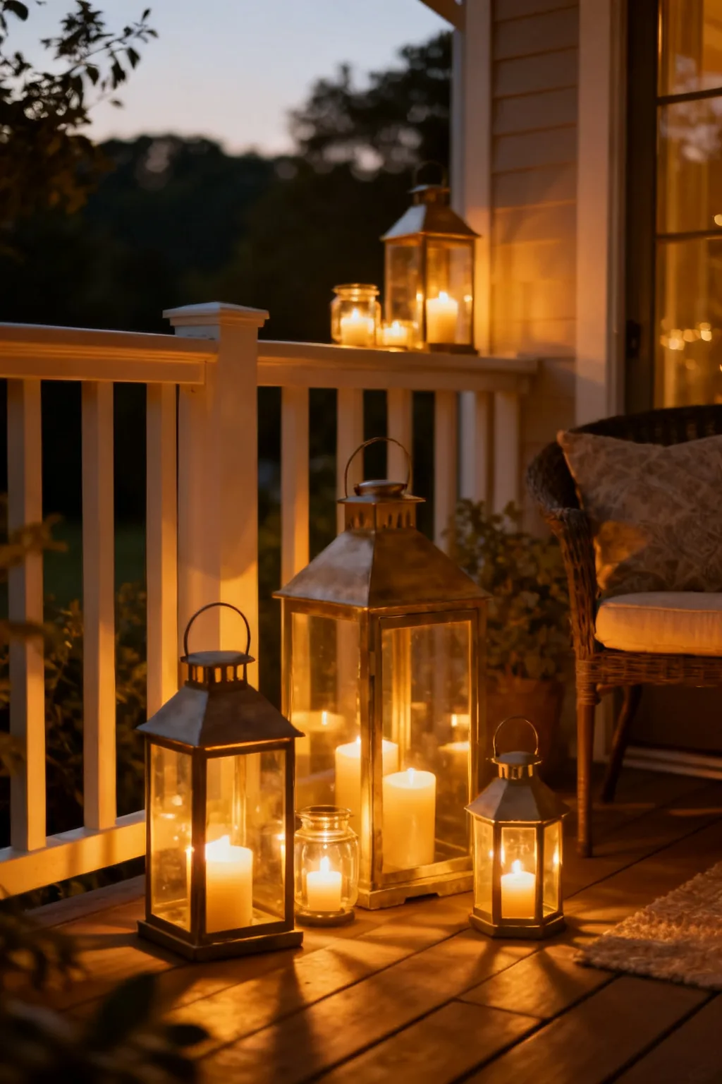 Candle lantern clusters on cozy patio