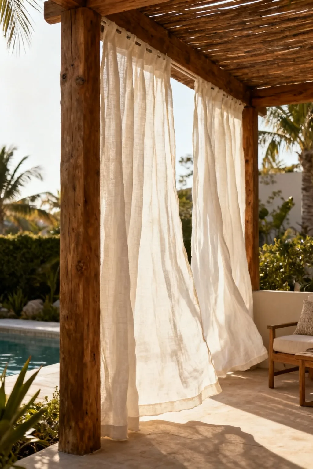 Drop cloth outdoor curtains on small patio