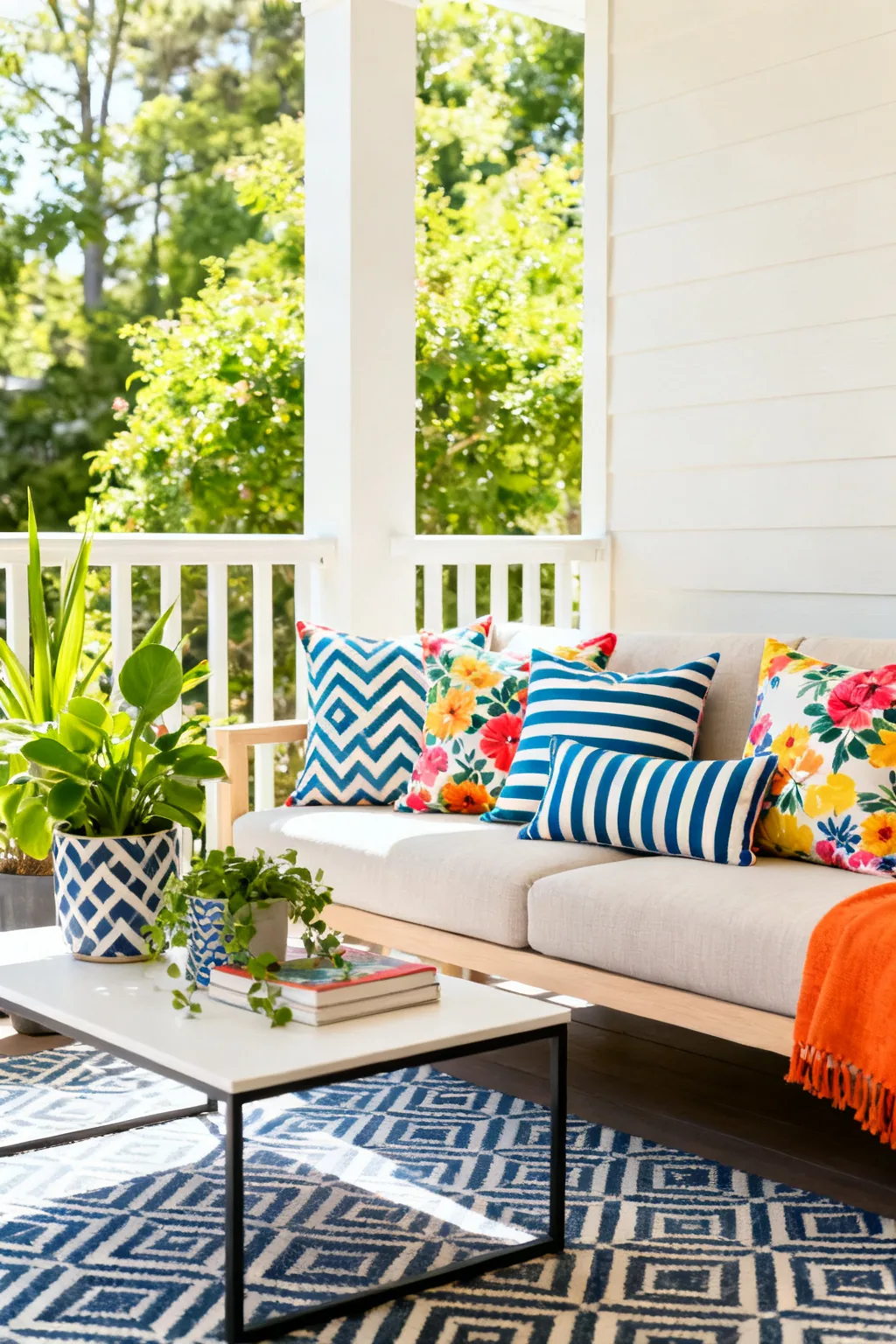 Bold throw pillow mix on budget outdoor seating