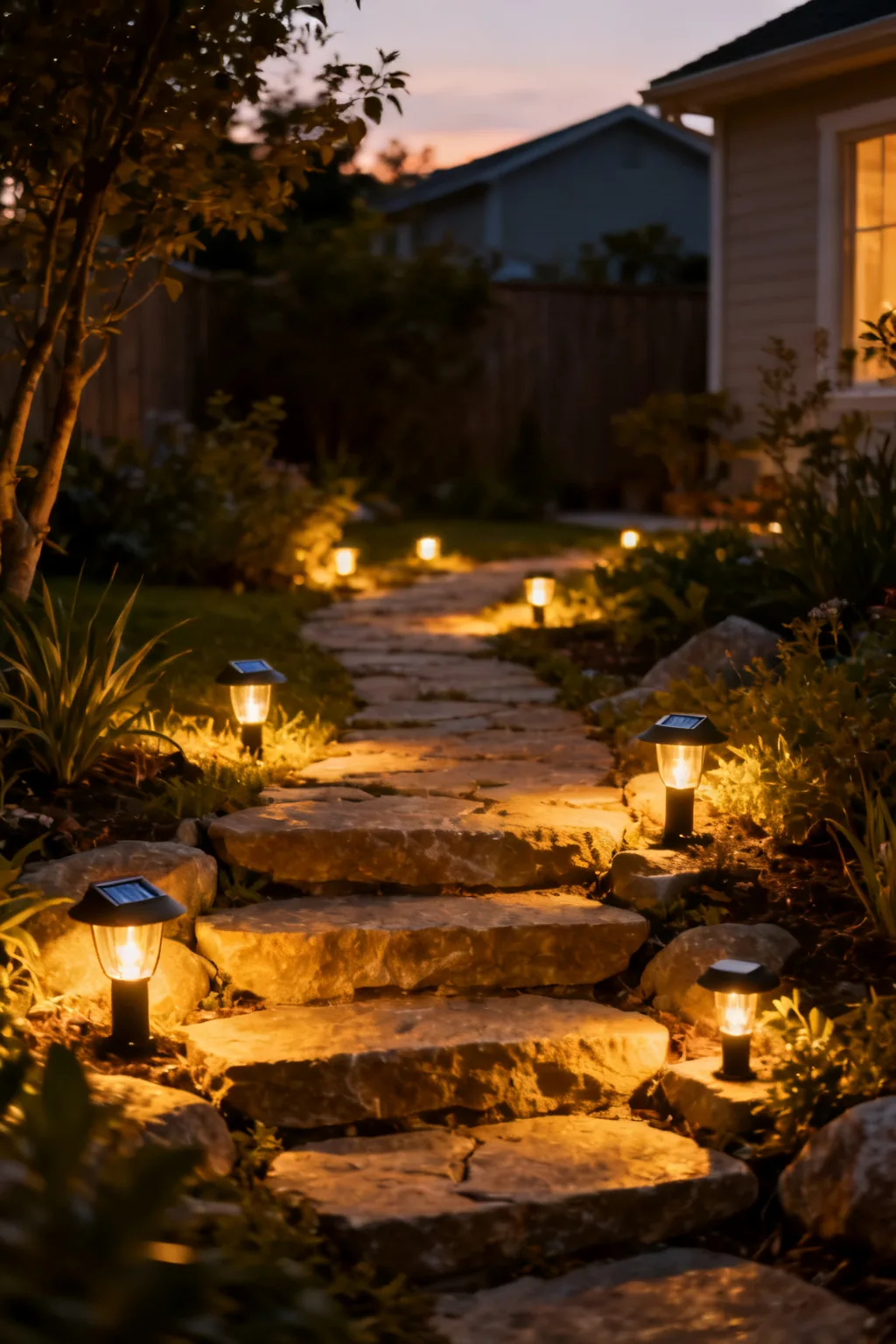 Solar path lights along small backyard patio