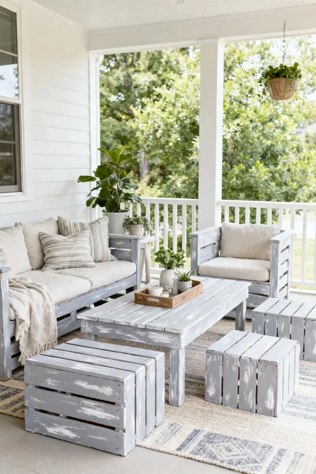 Chalk painted outdoor furniture on budget patio