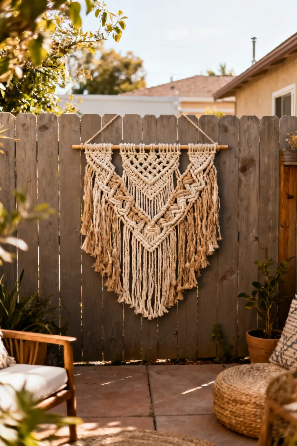 Macrame wall decor on small patio fence