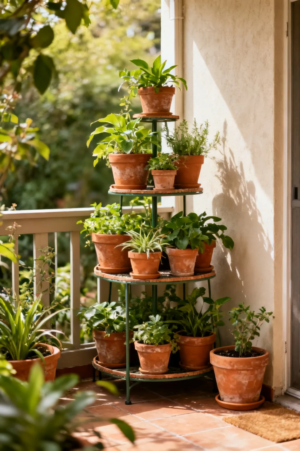 Tiered plant stand on small patio corner