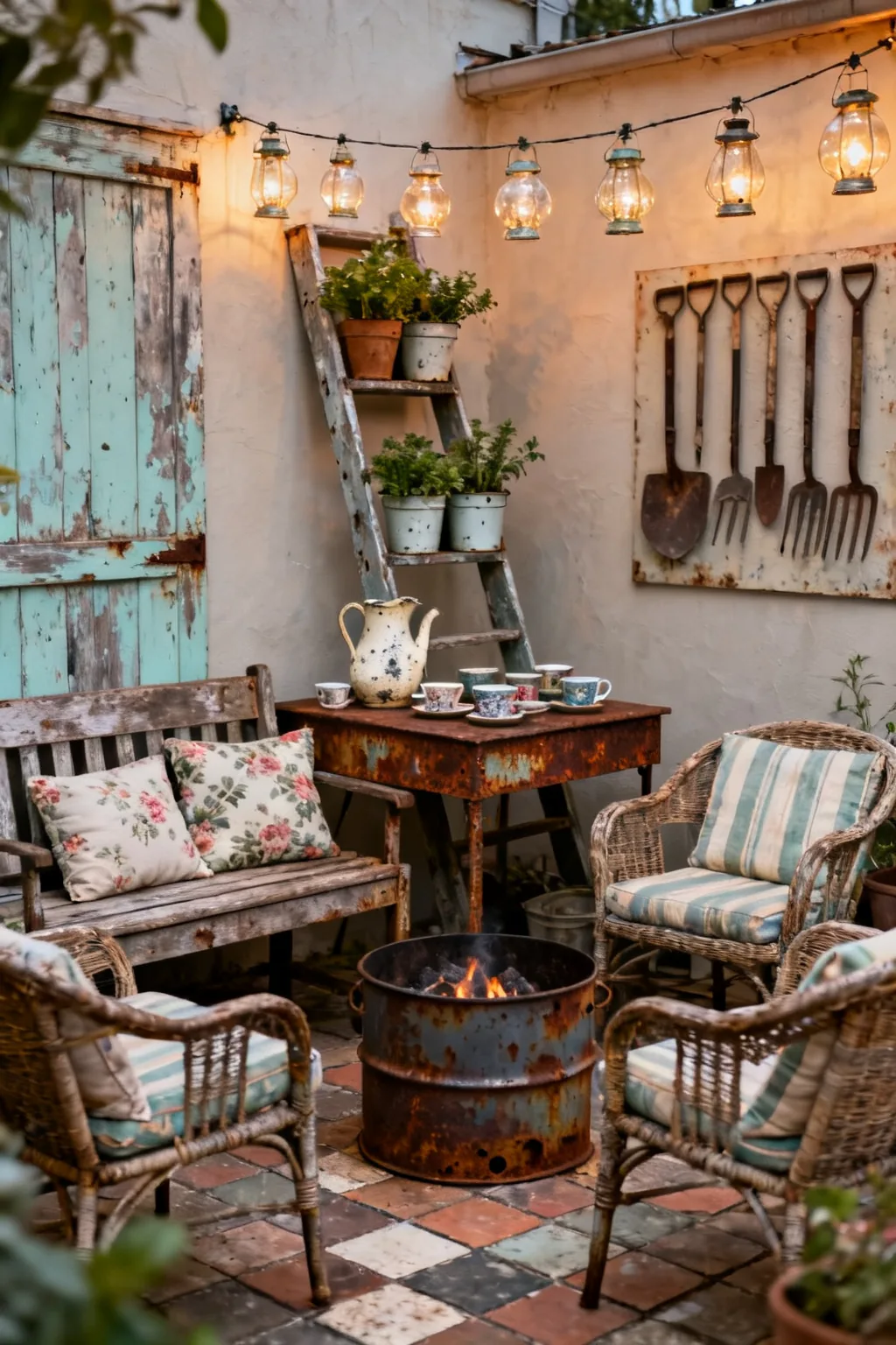 Vintage and upcycled finds on small patio