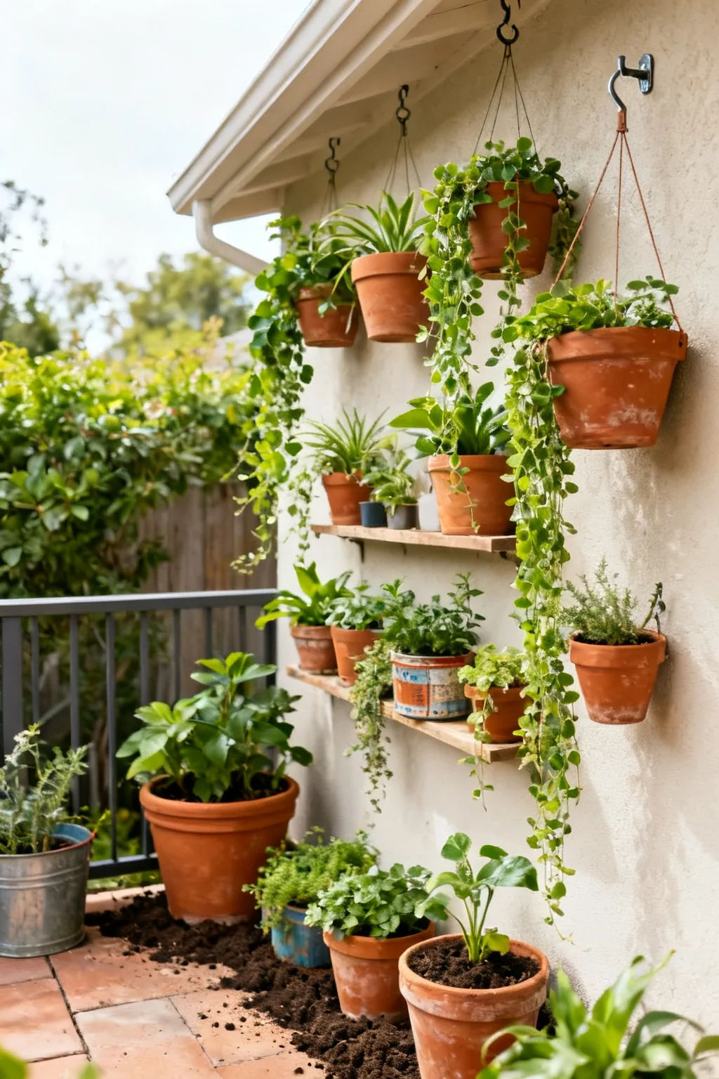 Hanging planters on small patio wall