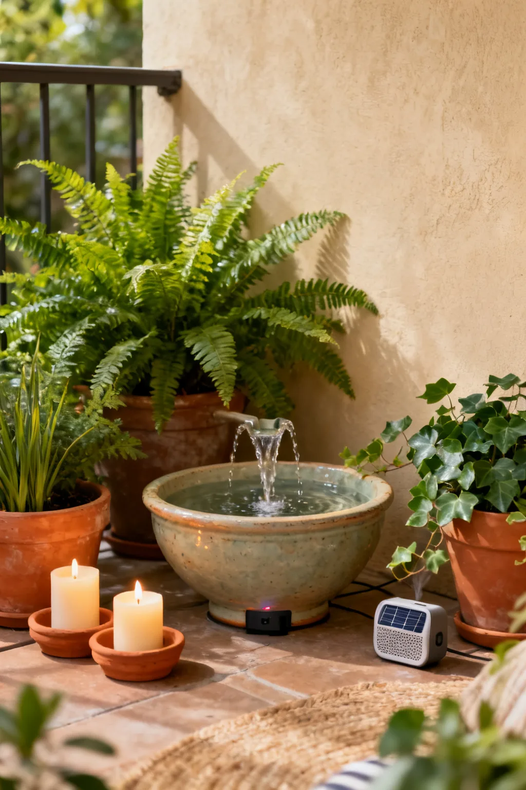 Ceramic fountain and citronella candles on cozy patio