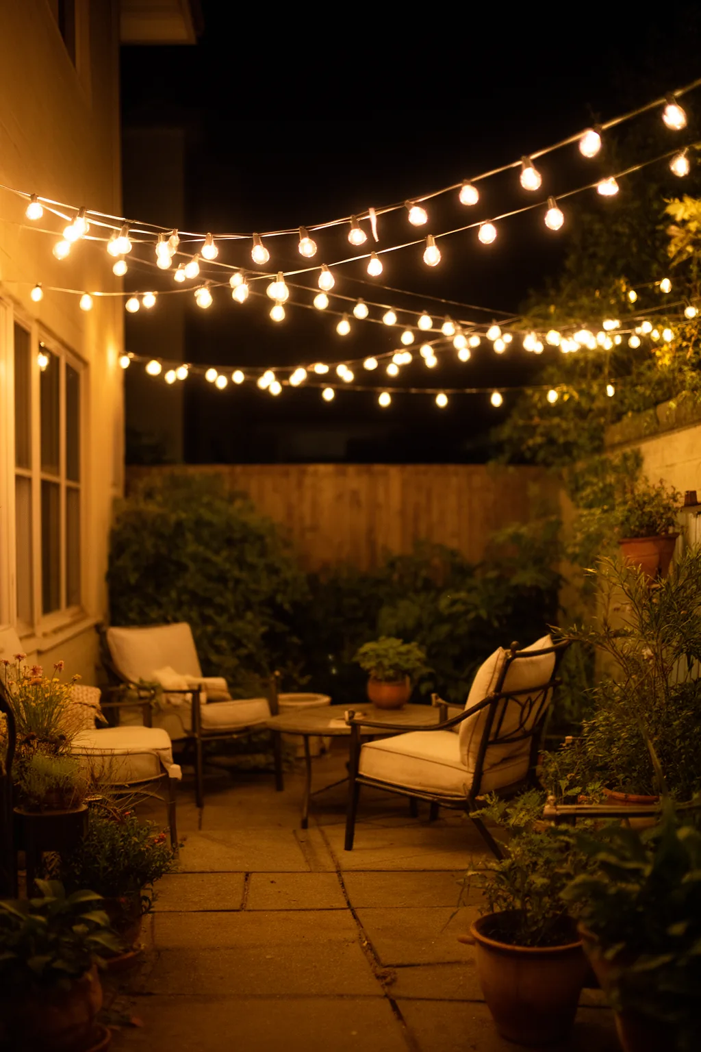 String lights zigzag over small patio at night