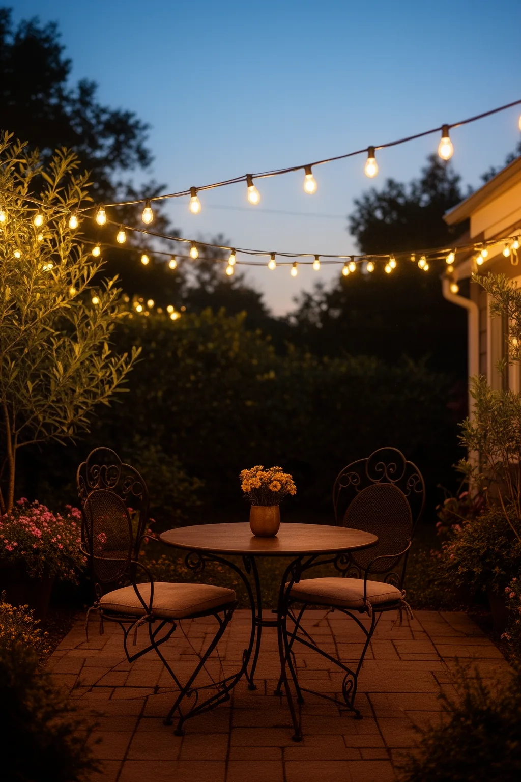 Bistro table with warm string light ambiance
