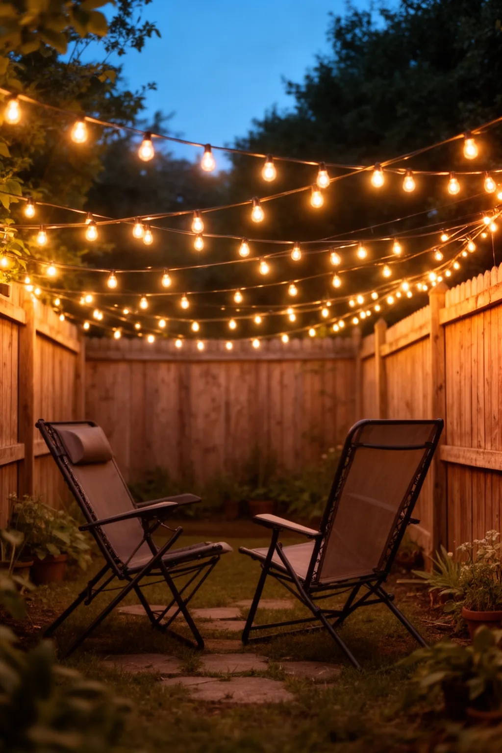 Compact backyard patio evening string lights