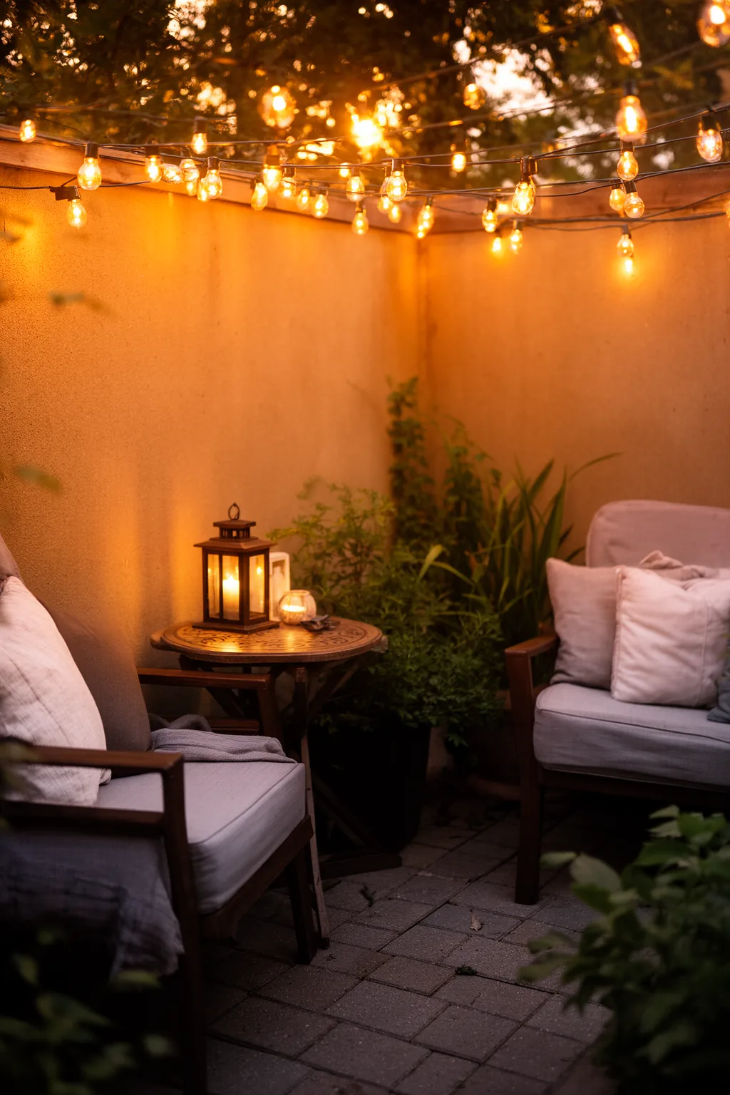 Small patio corner with string lights and lantern
