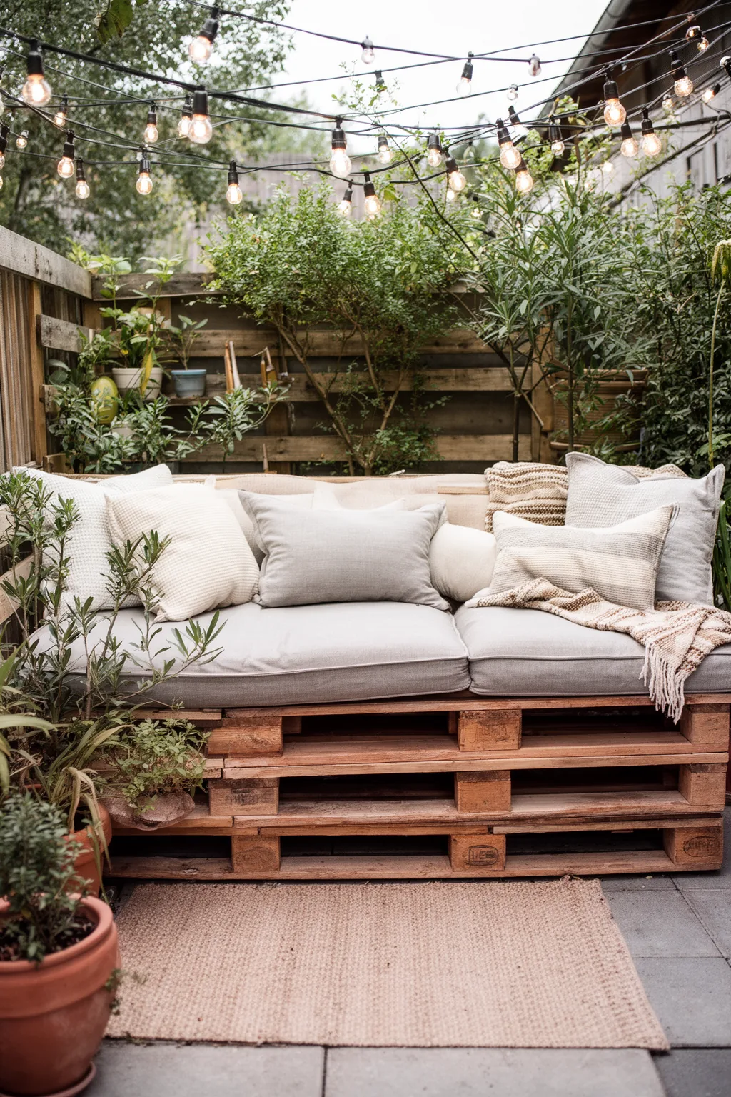 DIY pallet sofa on small outdoor patio