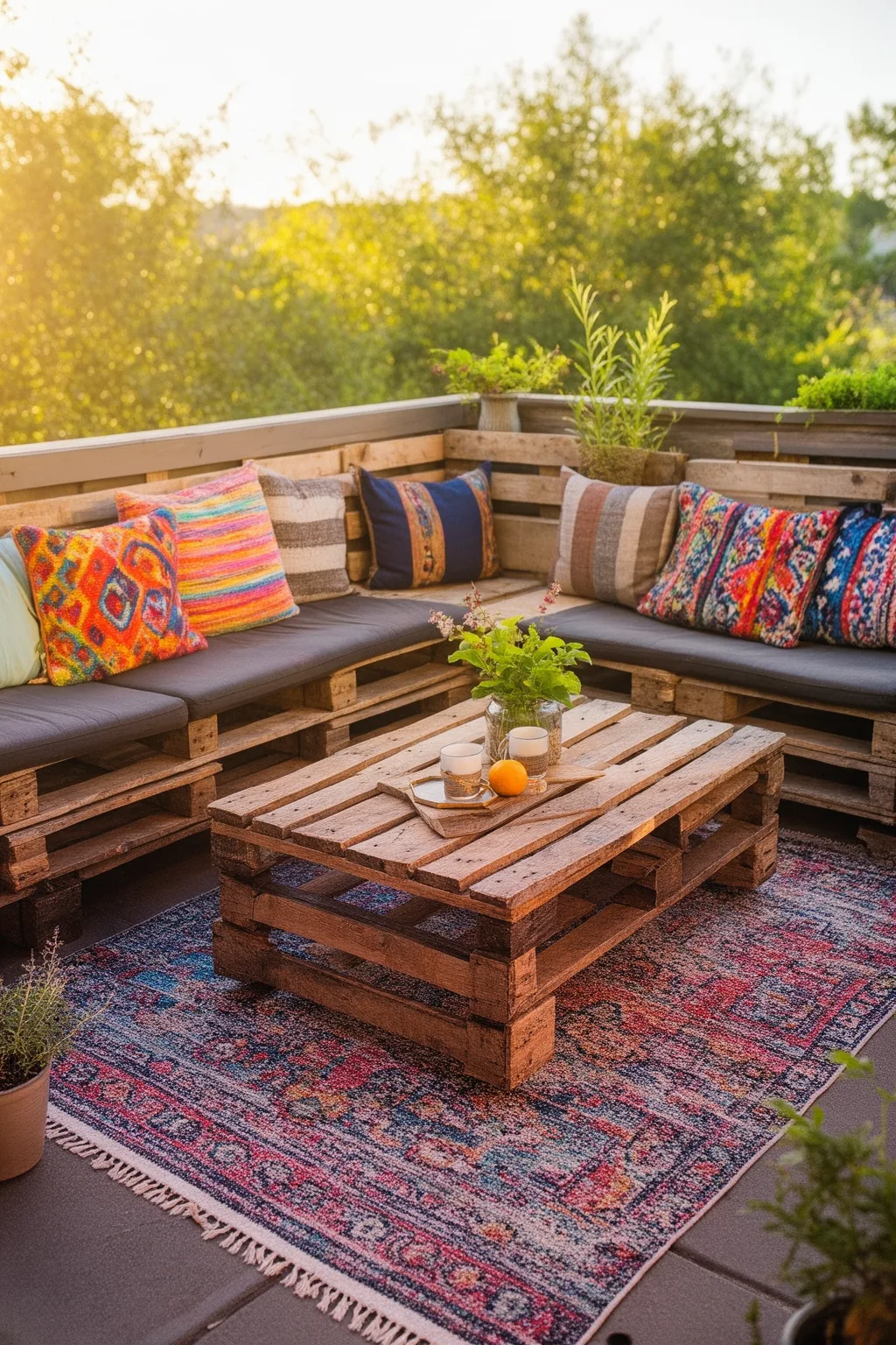Repurposed wooden pallet furniture with cushions