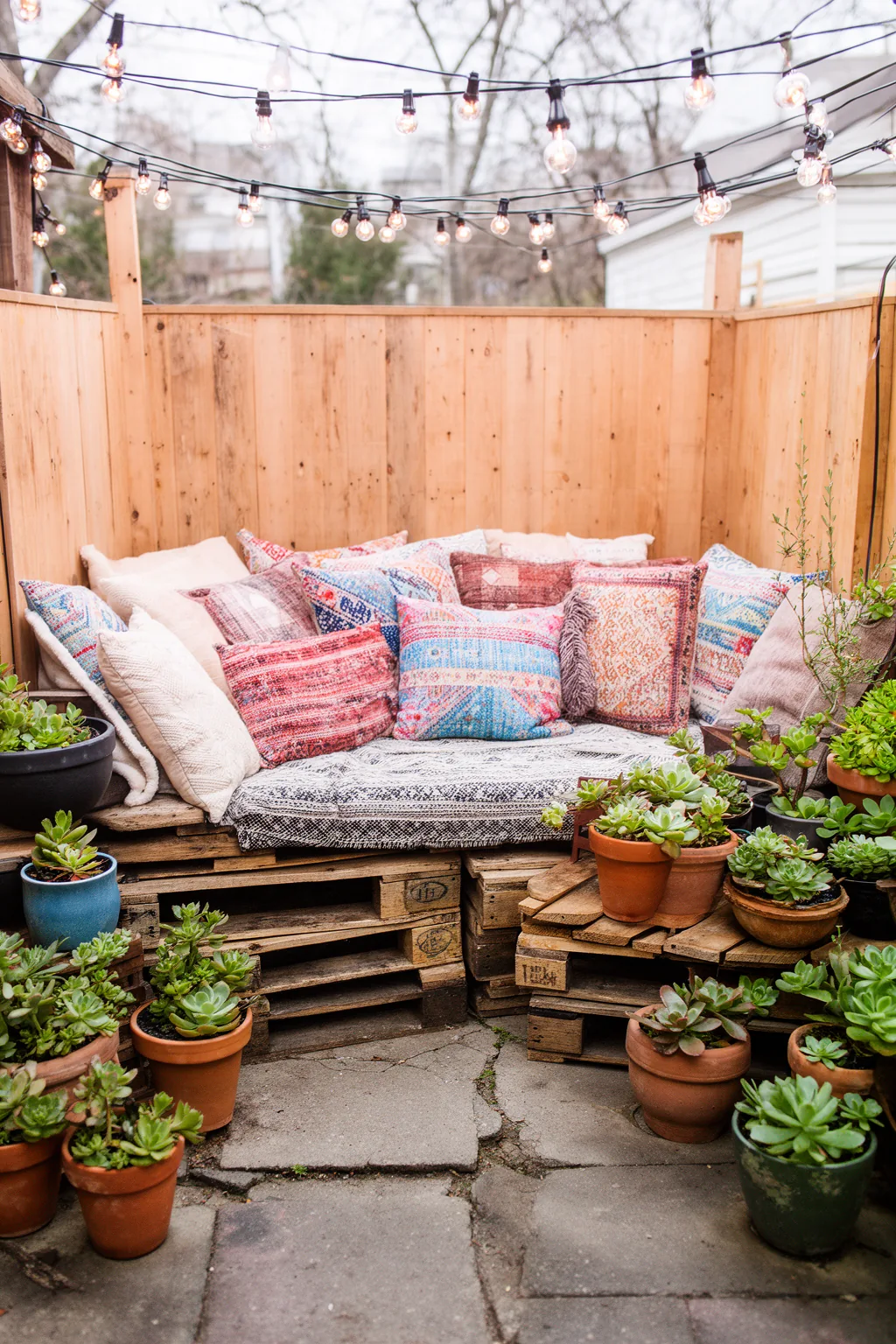 Cozy pallet sofa with bohemian cushions