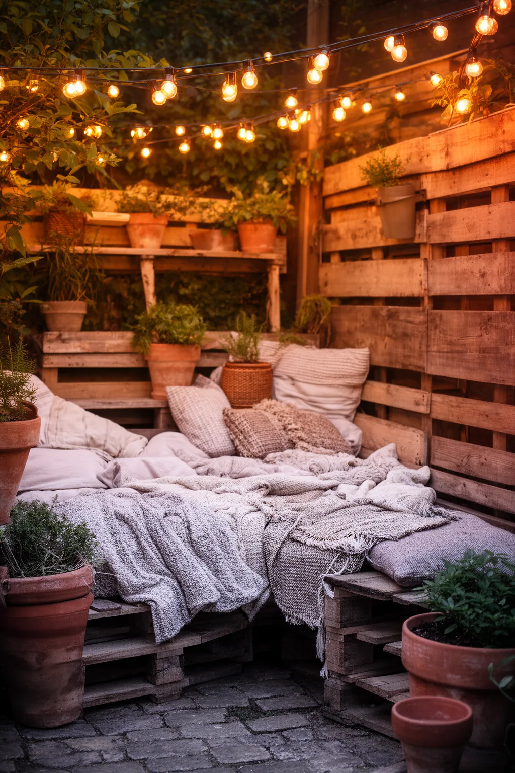 Outdoor pallet seating nook with textiles