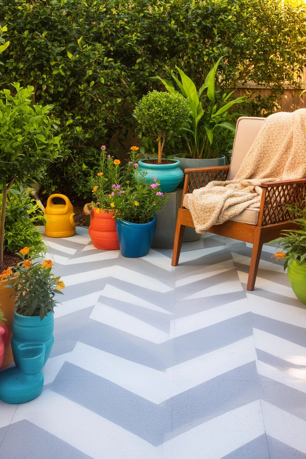 Stenciled concrete patio floor pattern