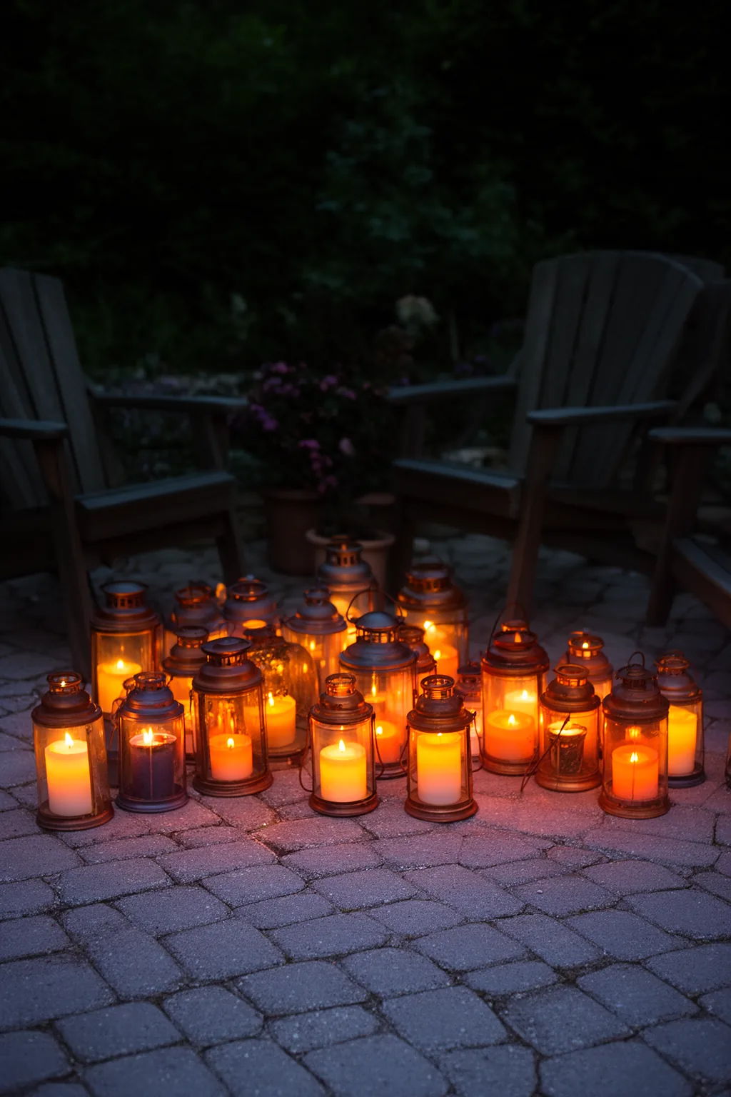 Cluster of candle lanterns on small patio