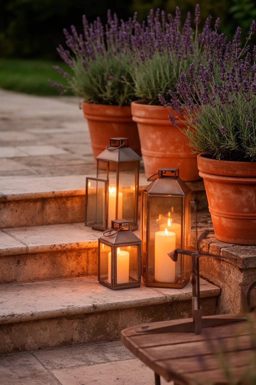 Outdoor lanterns on patio steps and table