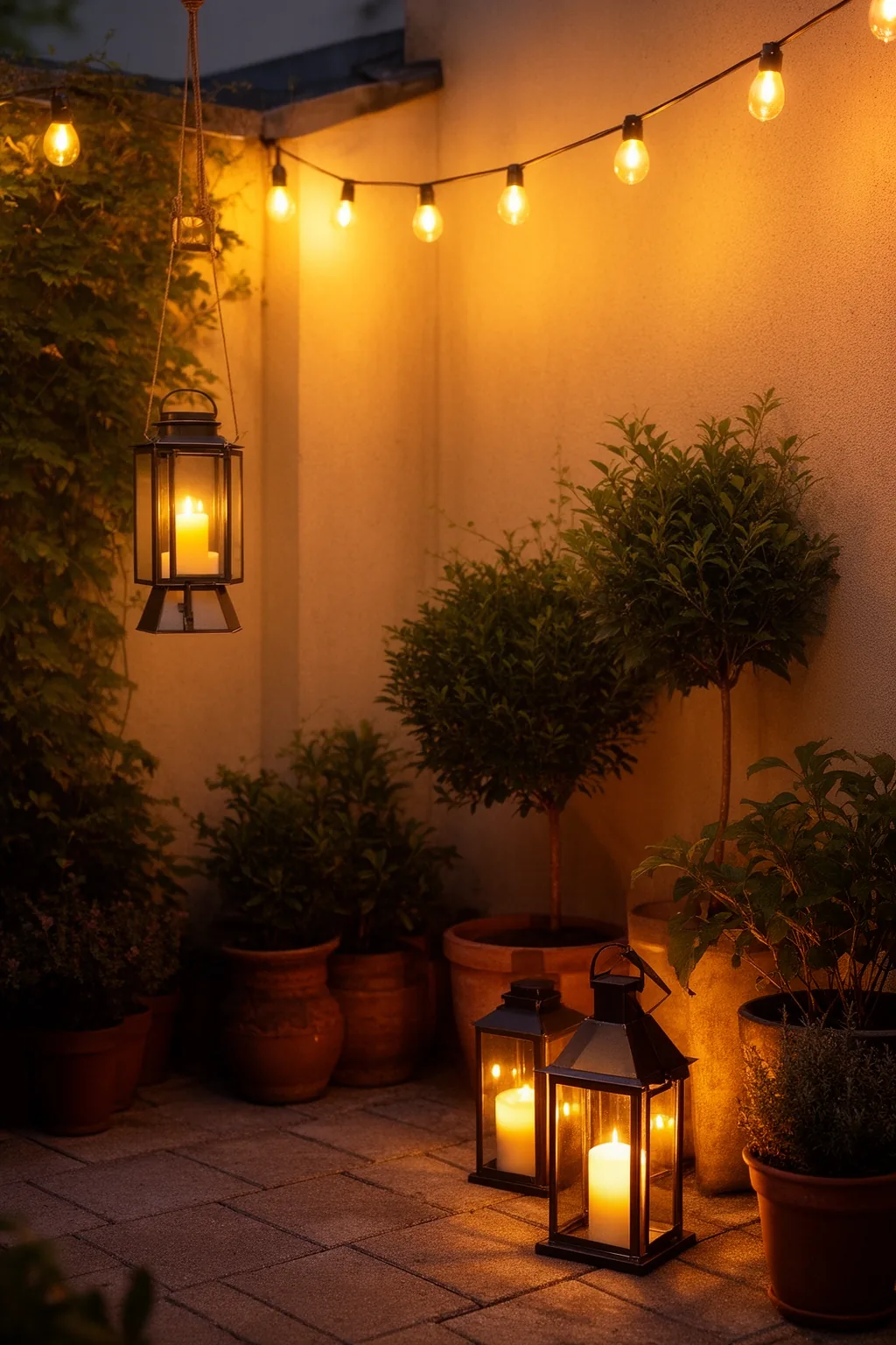 Hanging and floor candle lanterns patio corner