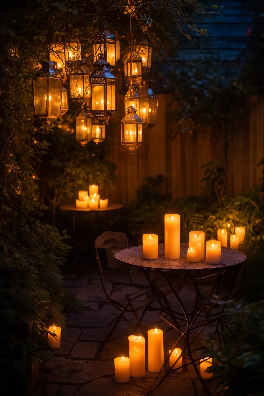 Mixed lantern cluster at night on patio