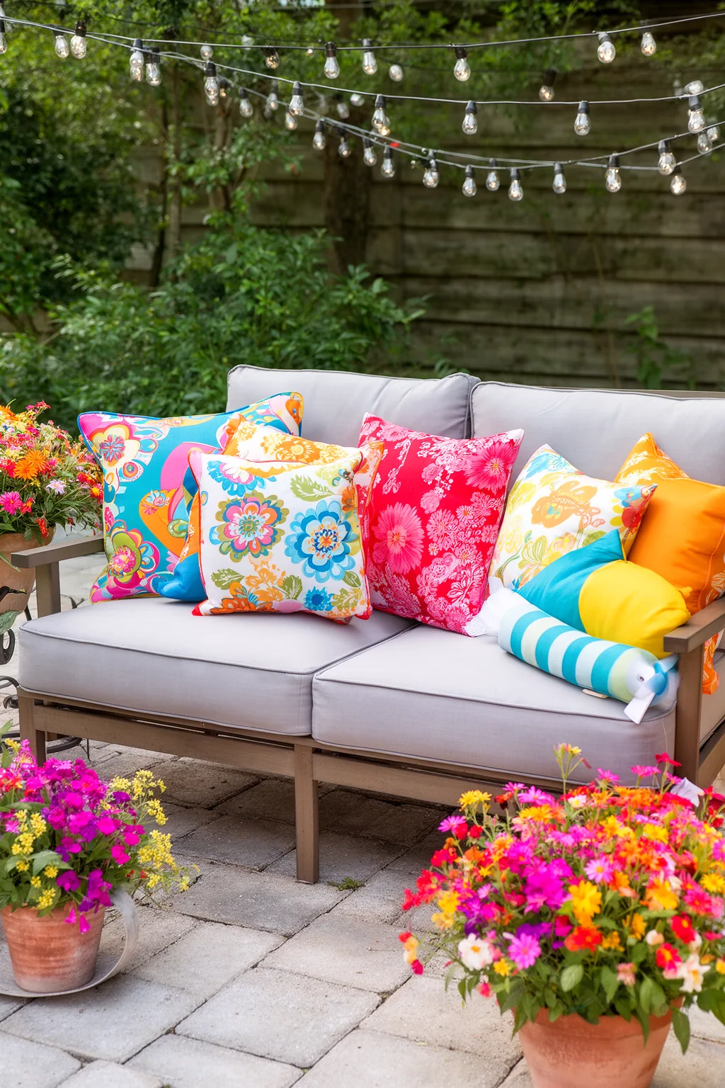 Colorful throw pillows on outdoor sofa patio