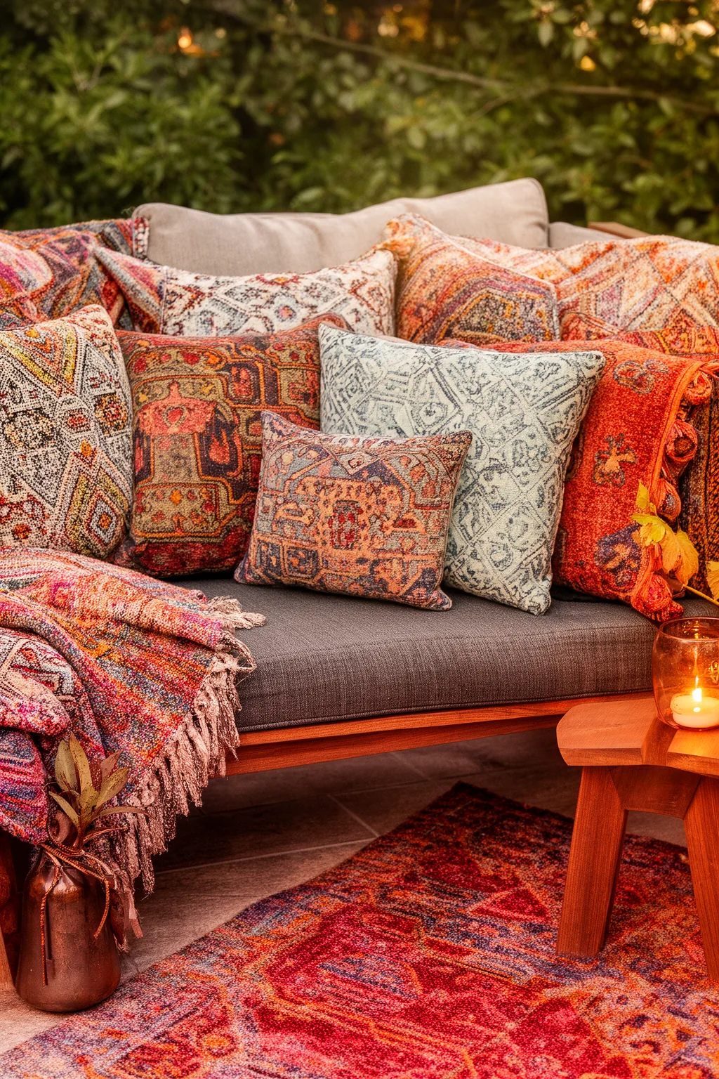 Maximalist pillow mix on cozy outdoor seating