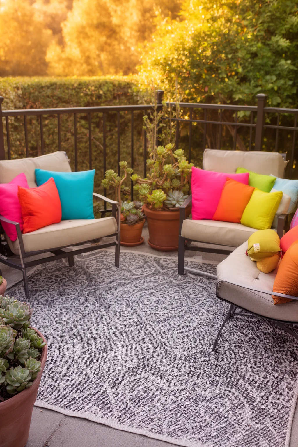 Bright throw cushions on patio chairs