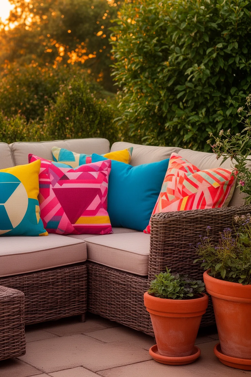 Mismatched bold throw pillows on wicker furniture