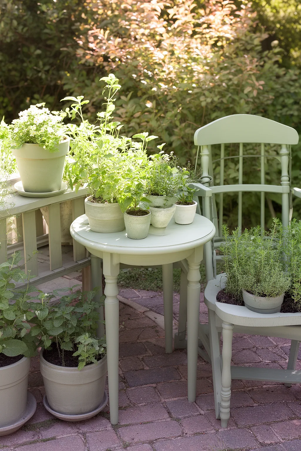 Sage green chalk painted outdoor furniture