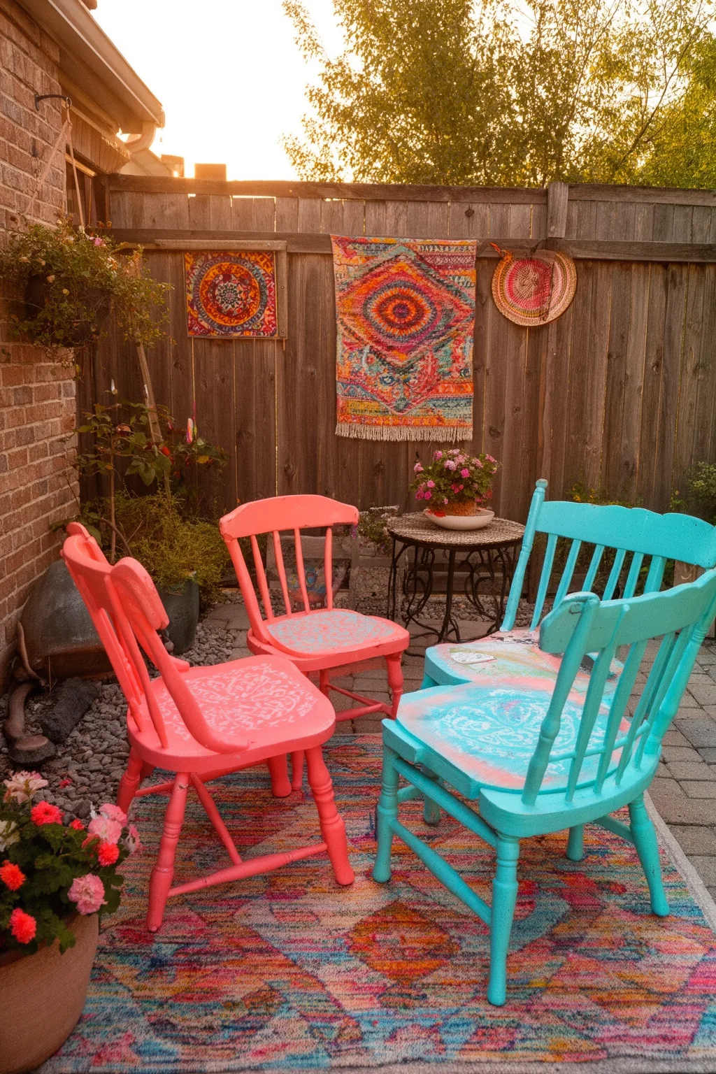 Spray painted mismatched vintage chairs patio