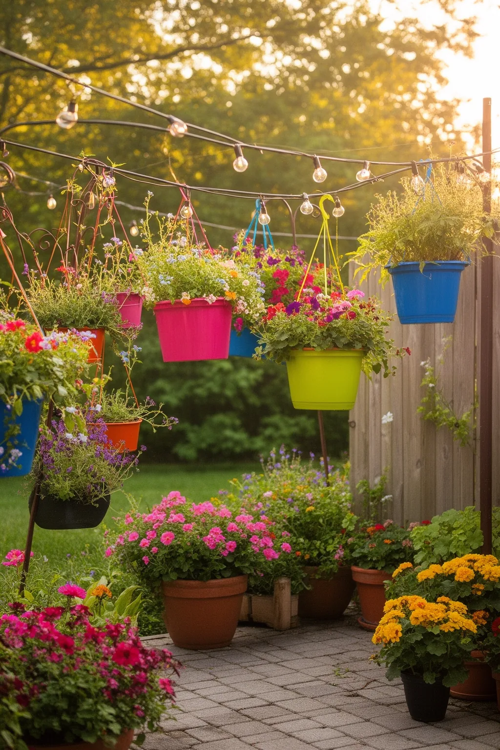 Colorful hanging planters on small patio