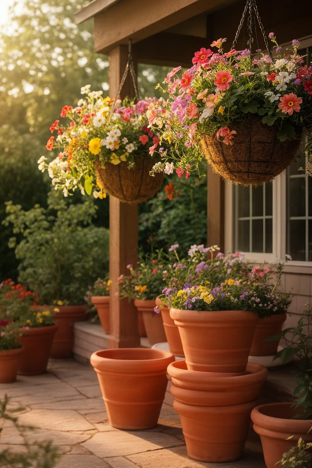 Hanging basket planters overflowing with flowers