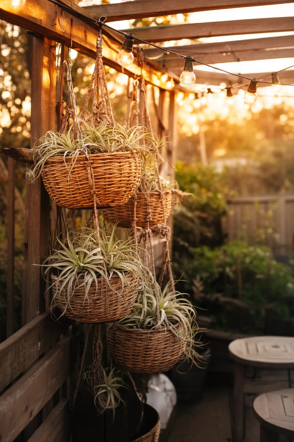 Woven hanging planters with air plants patio