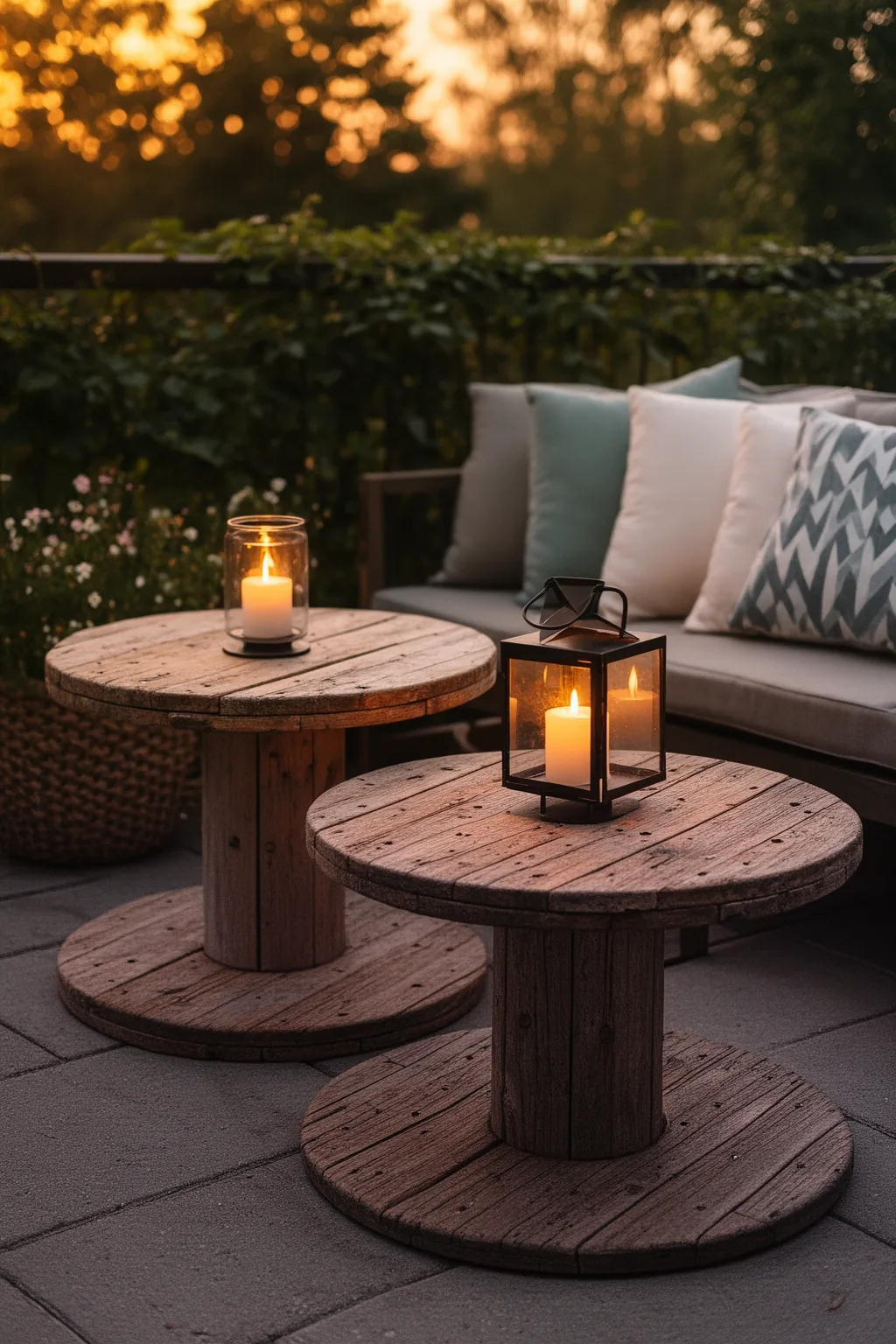 Upcycled wooden spools side tables patio