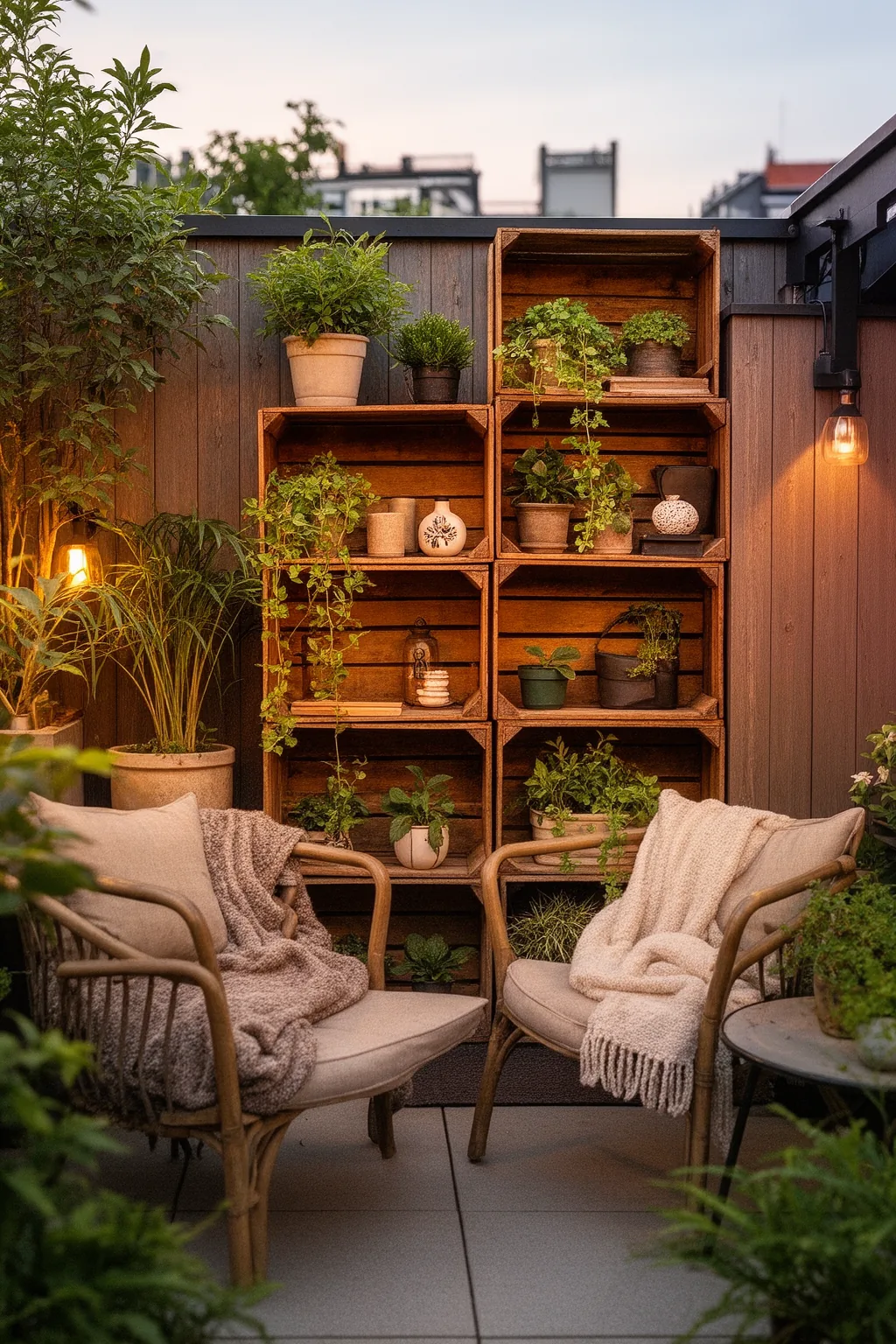 Wooden crate shelving unit with plants patio