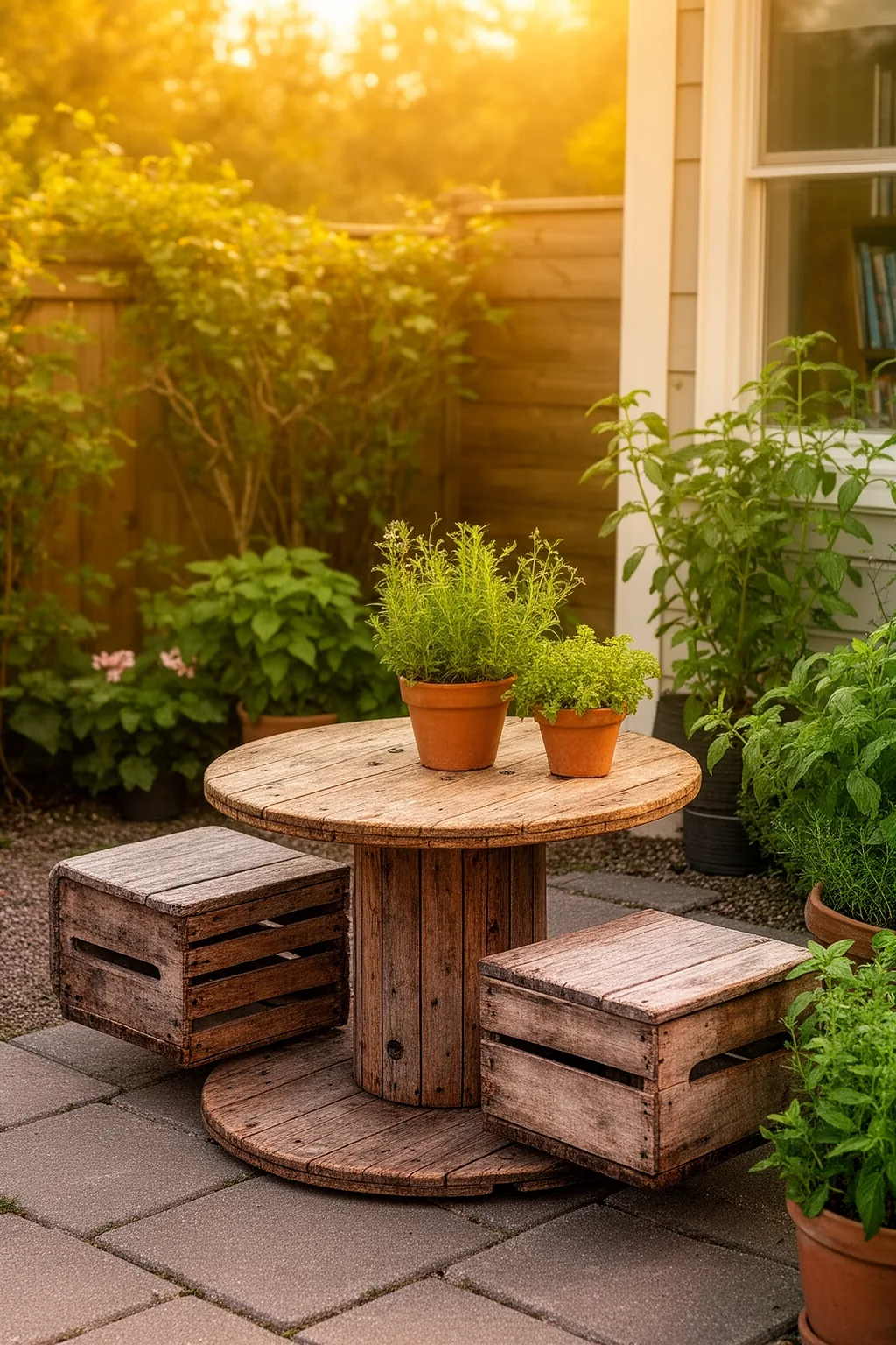 Repurposed wooden crate ottomans and spool table