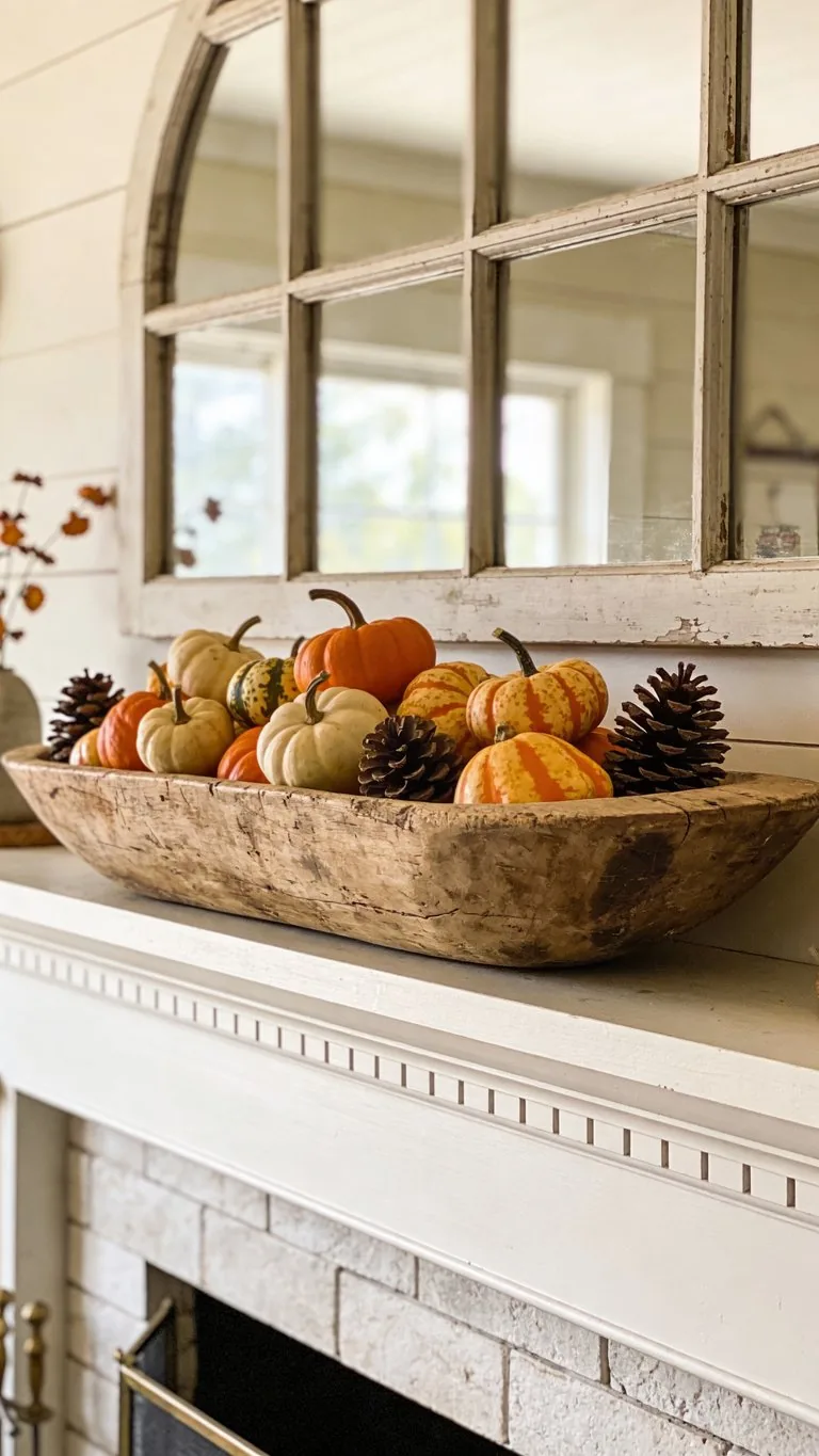 Farmhouse fall mantel decor idea 5