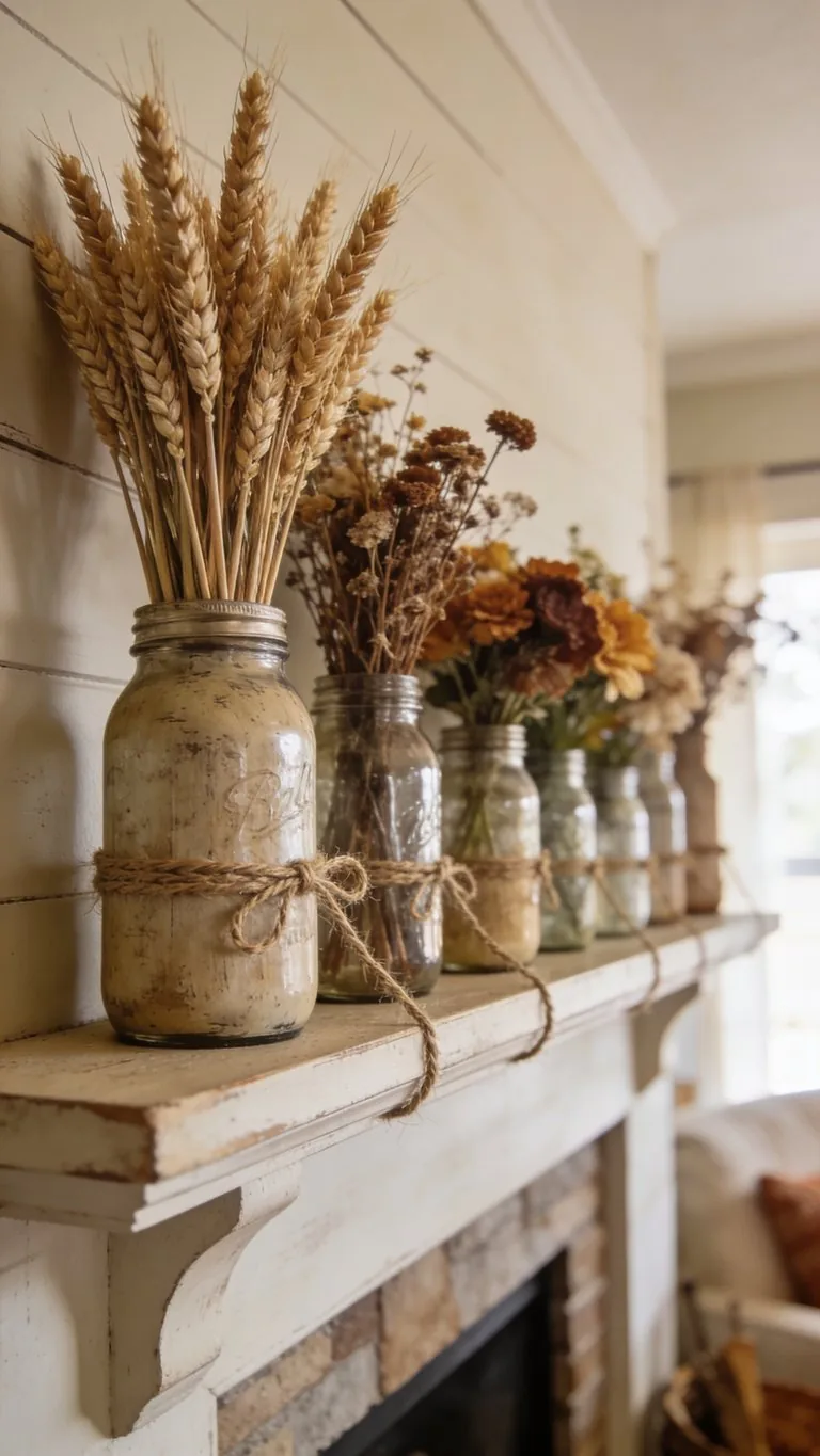 Farmhouse fall mantel decor idea 7