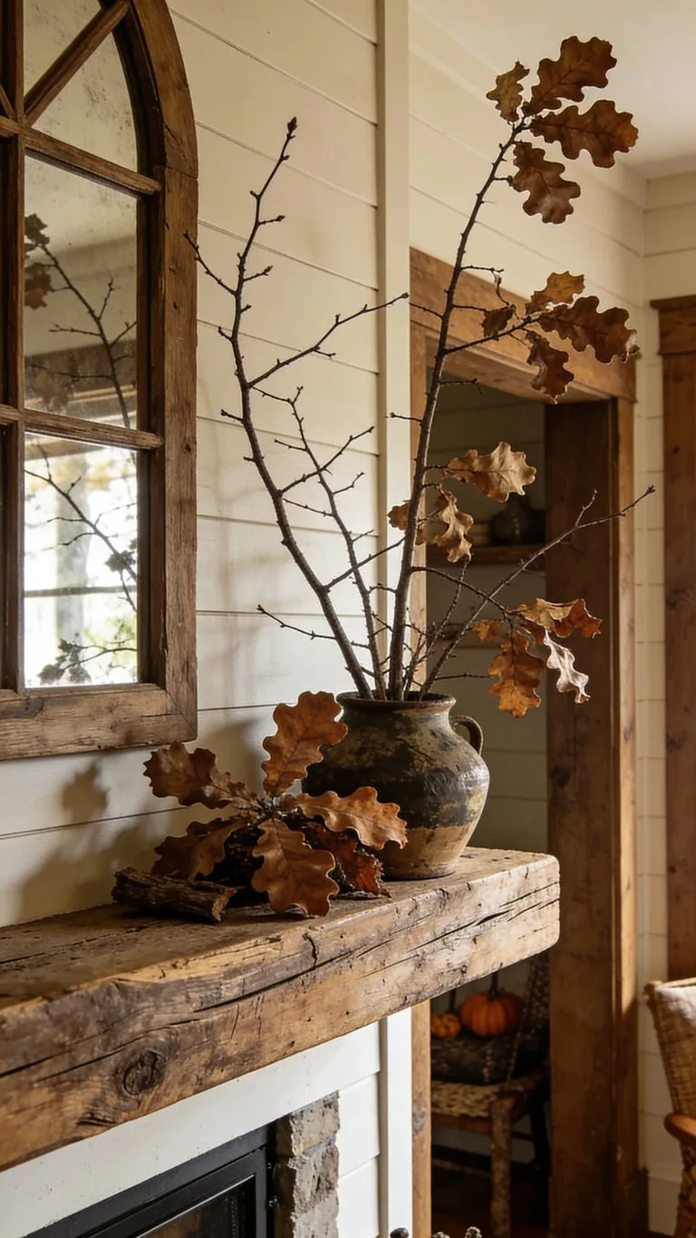 Rustic fall mantel decor idea 1