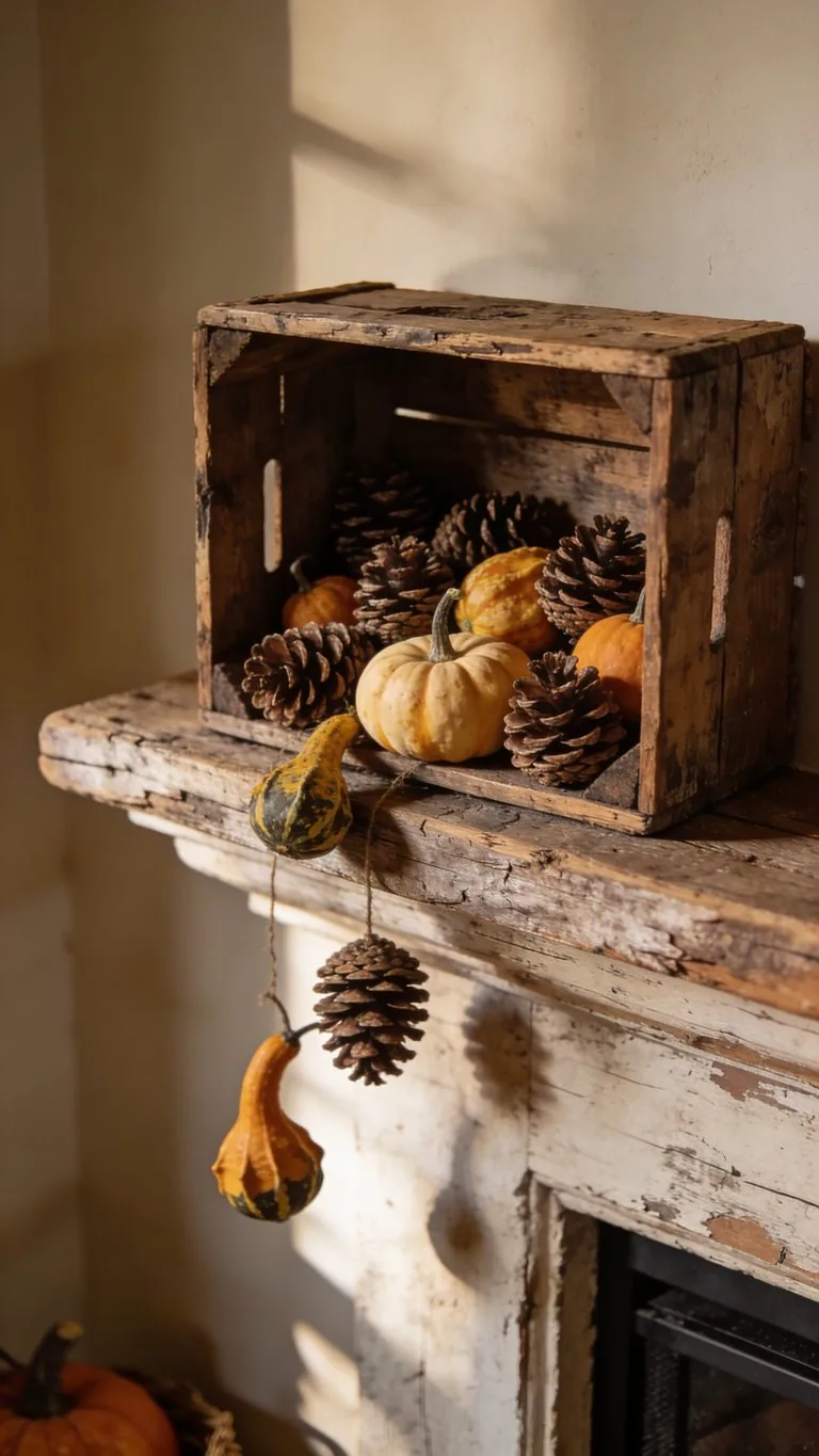 Rustic fall mantel decor idea 7