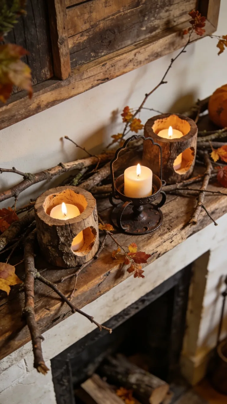 Rustic fall mantel decor idea 18