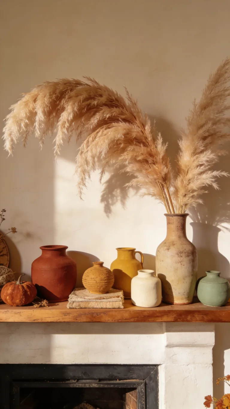 Start With Pampas Grass - boho fall mantel decor idea