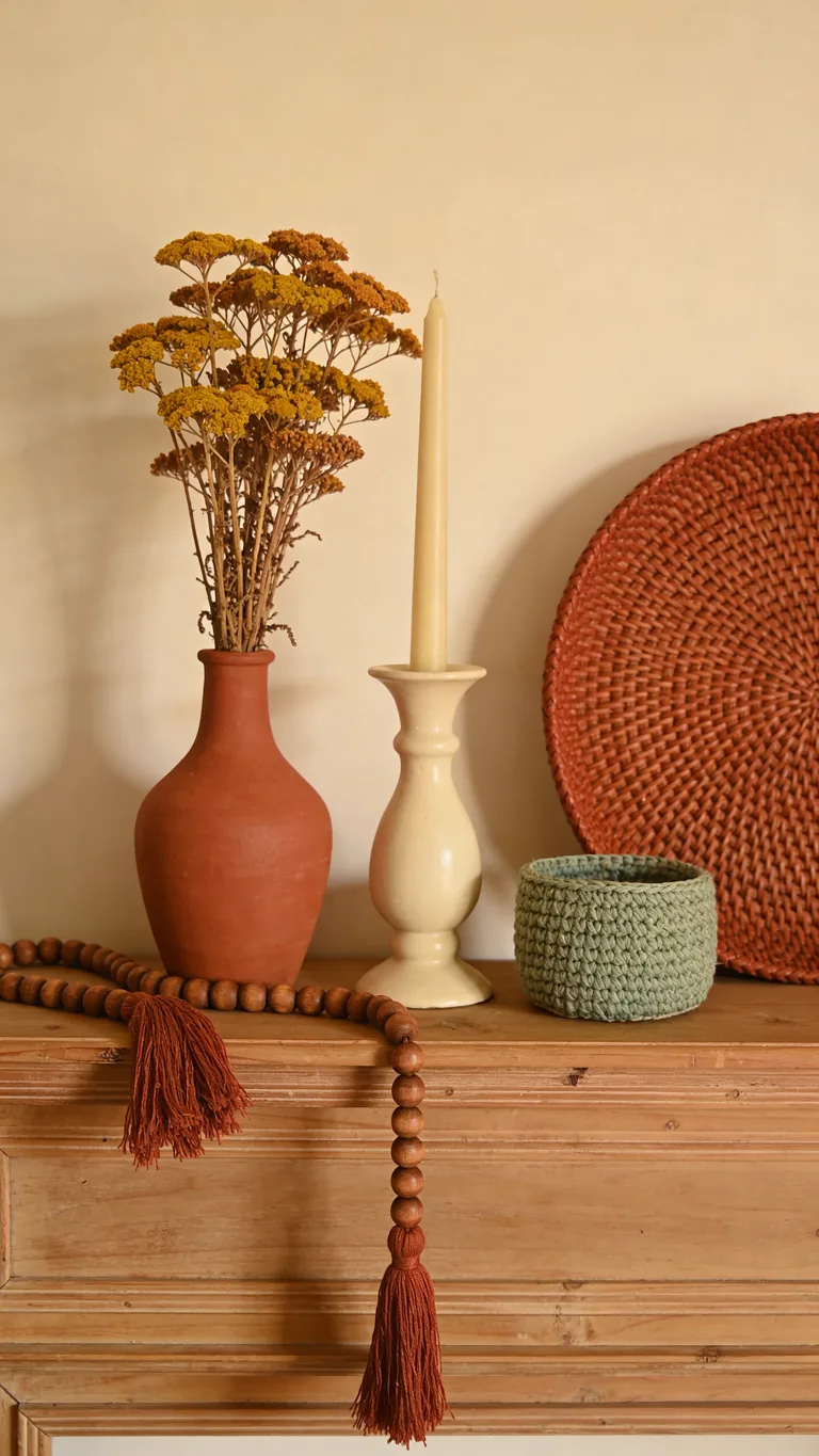 Add a Beaded or Tasseled Garland - boho fall mantel decor idea
